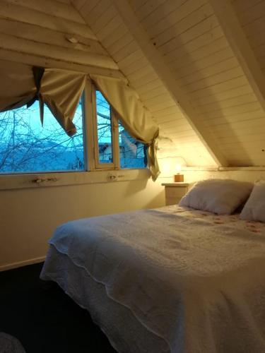 a bedroom with a large bed and a window at cabaña azul in Trevelín