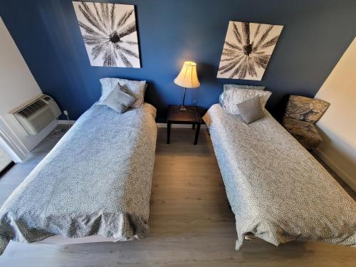 two beds in a room with blue walls at (B02) Cozy Double Bed Suite in Los Angeles