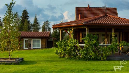 a house with a green yard next to a building at Viesu mājas Briedīši in Raiskums