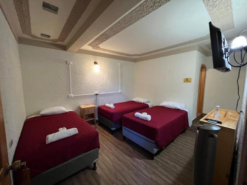 a hotel room with two beds and a tv at Posada don Miguel in Panajachel