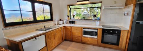 a kitchen with wooden cabinets and a sink and windows at Hamurana Home with a View in Rotorua