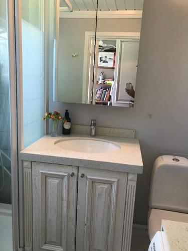 een badkamer met een wastafel en een spiegel bij Rosendahl in Ålem