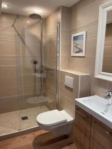 y baño con ducha, aseo y lavamanos. en Le Touquet - Superbe appartement 3 chambres - Proche mer & centre - Wifi, en Le Touquet-Paris-Plage