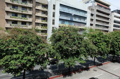 un grupo de árboles frente a un edificio en Spaces Hotel Makati en Manila