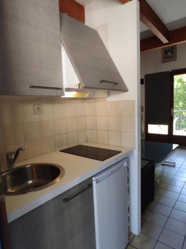 une cuisine avec un évier et un plan de travail dans l'établissement A l'abordage, appartement 2 pièces plage de Nauzan, à Vaux-sur-Mer