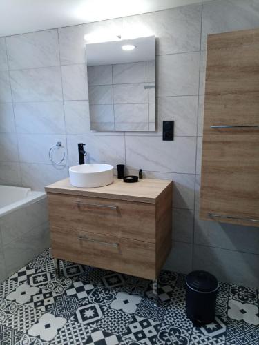 a bathroom with a sink and a mirror at Gîtes de l'Orée du Bois - Boussières in Boussières