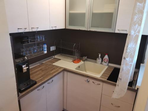 uma pequena cozinha com um lavatório e um micro-ondas em Kabakum Holiday Apartments em Varna City