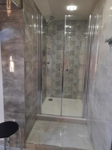 a shower with a glass door in a bathroom at Privat Magnolia in Mošovce