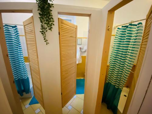 ein Badezimmer mit zwei Türen und einem Spiegel in der Unterkunft Jimmy Jumps House in Vilnius
