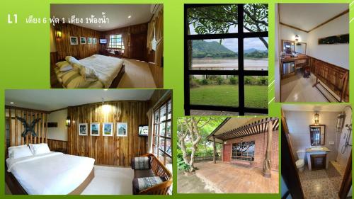 a collage of four pictures of a bedroom at Chiang Khan Hill Resort in Chiang Khan