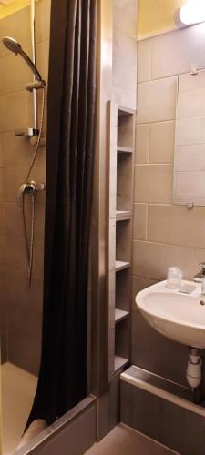 a bathroom with a shower curtain and a sink at Hôtel des Jacobines in Chalon-sur-Saône