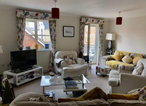 a living room with couches and a flat screen tv at Norwich City Large Modern Home in Norwich