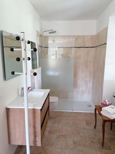 uma casa de banho com um chuveiro, um lavatório e uma banheira em BLANCHARD Alain au 8 Bd du temple em Saint-Hippolyte-du-Fort