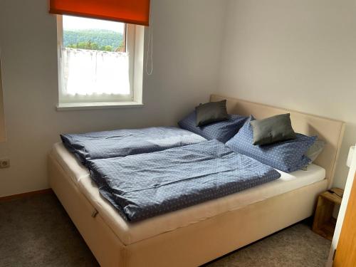 ein Bett mit zwei Kissen darauf in einem Schlafzimmer in der Unterkunft Ferienwohnung am Kalkweg in Bad Sooden-Allendorf