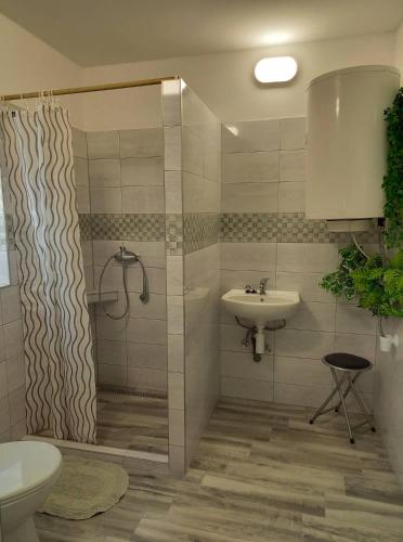 a bathroom with a shower and a sink at Grand House in Štúrovo