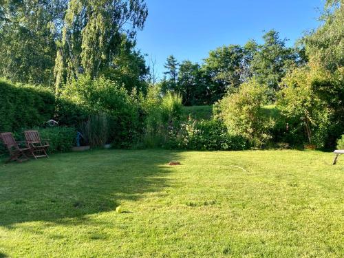 a yard with two chairs in the grass at Ferienhaus Elisenhuus in Tönning