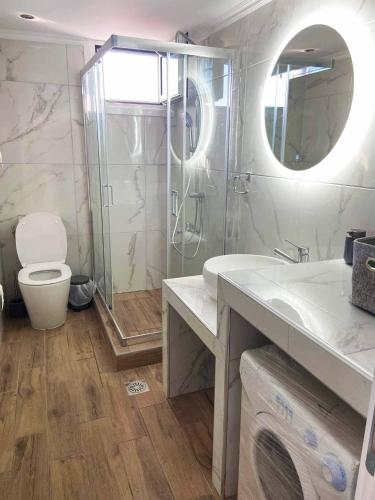 a bathroom with a shower and a sink and a toilet at Menta House in Lefkada