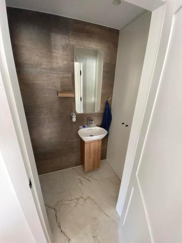 a bathroom with a sink and a mirror at Pape Apartament in Pape