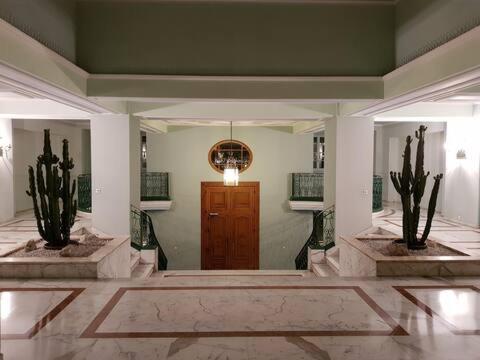 - un hall avec deux plantes et une porte en bois dans l'établissement Port de Nice- Résidence Neptune- Superbe studio!, à Nice