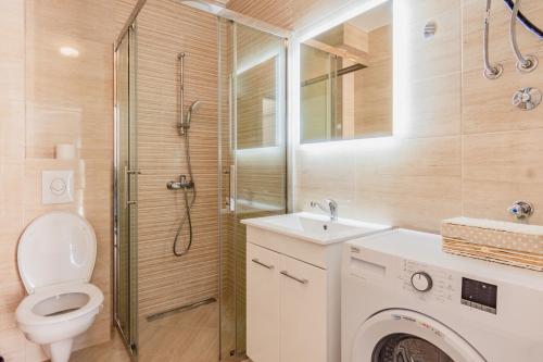 a bathroom with a toilet a sink and a shower at Zeleni in Đenovići