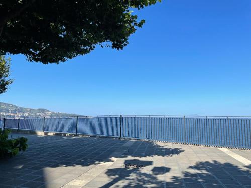 una cerca azul con el océano en el fondo en Appartamento Meta di Sorrento Le Sirene, en Meta