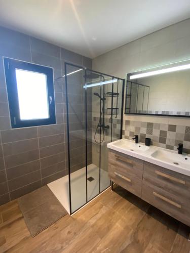 a bathroom with a shower and a sink and a mirror at Villa jacuzzi, terrain de pétanque et aire de jeux vue sur les Pyrénées in Seilhan