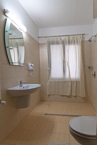 a bathroom with a sink and a mirror at Pensiunea Sonnenhof in Sighişoara