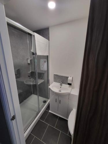 a bathroom with a shower and a toilet and a sink at Avenue Apartments in Hull