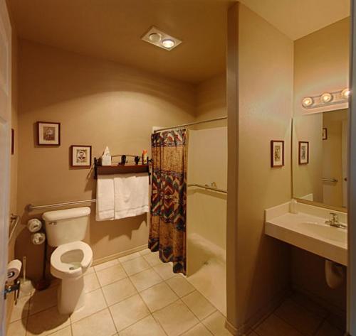 a bathroom with a toilet and a sink and a shower at Stagecoach Trails Guest Ranch in Yucca