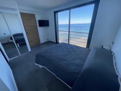 a bedroom with a bed and a view of the ocean at miomo bord de mer in Santa-Maria-di-Lota