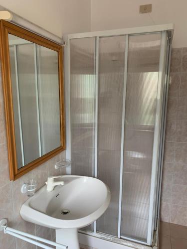 阿夸佩薩的住宿－Hotel Le Mimose，浴室配有白色水槽和淋浴。