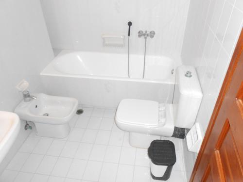 a white bathroom with a toilet and a sink at Chrysolithos Kerami Apartments in Khalkíon