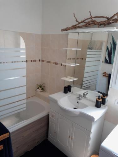 W łazience znajduje się umywalka, wanna i lustro. w obiekcie Appartement T1 plain pied w mieście Le Cannet-des-Maures
