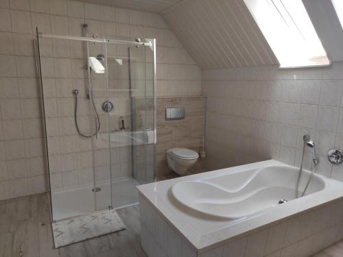 een badkamer met een douche, een bad en een toilet bij Ferienwohnung im Werratal in Herrenbreitungen