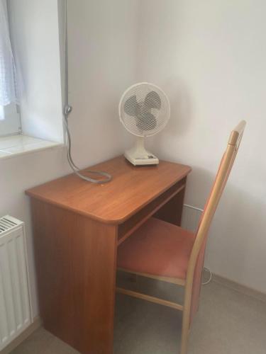 a desk with a small fan on top of it at Apartment NV in Lutherstadt Eisleben