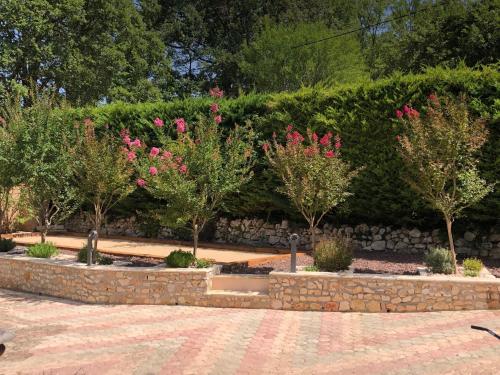 a row of trees in a garden with pink flowers at Ekin ô reV Gîte Fontessante in Montauroux