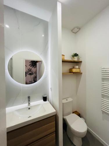 une salle de bain avec un lavabo, des toilettes et un miroir dans l'établissement Joli T2 Moderne au Coeur de Marseille - Place Castellane, à Marseille