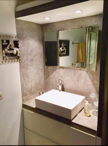 uma casa de banho com um lavatório branco e um espelho. em Casa Divota au cœur d’un village paisible em Santa-Reparata-di-Balagna