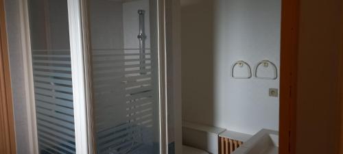 une salle de bain avec douche et porte vitrée dans l'établissement bellavie3, à Cornimont