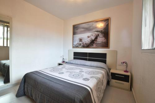 1 dormitorio con 1 cama y una pintura en la pared en Apartment Apple Dunes with Pool Corralejo By Holidays Home, en Corralejo