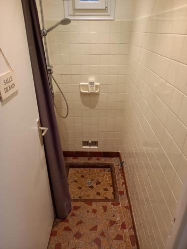 a bathroom with a shower with a tiled floor at Maison chaleureuse et lumineuse à 400m de la plage in Veulettes-sur-Mer
