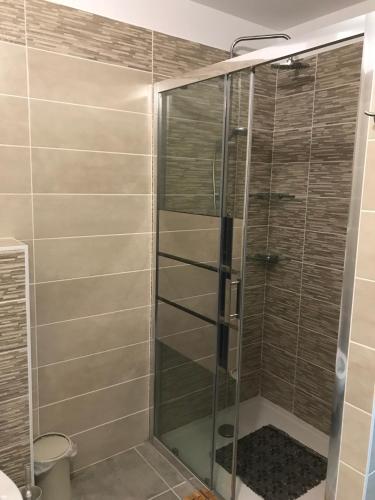 une douche avec une porte vitrée dans une salle de bain dans l'établissement Argelès sur mer appartement standing, à Argelès-sur-Mer