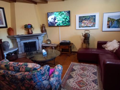 a living room with a couch and a fireplace at Casa Anita - Ribeira Sacra in Os Peares