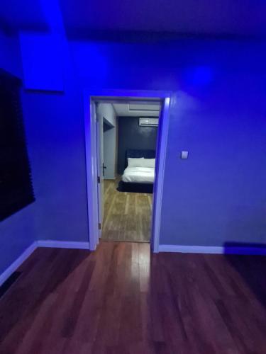 a room with a bed in a blue room at Wine House, Maitama, Abuja in Abuja