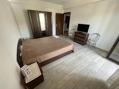 a bedroom with a bed and a desk and a television at Ella Doo Apartament - 15 min de Palas in Hlincea