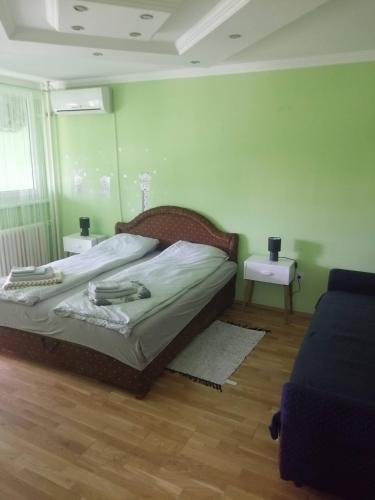 ein Schlafzimmer mit einem Bett, zwei Tischen und einem Sofa in der Unterkunft Apartman Radaković in Subotica