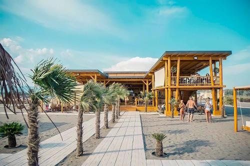 a building on the beach with palm trees at Renata Holiday Apartments in Ulcinj