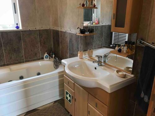 a bathroom with a tub and a sink and a bath tub at Casa dos Copins in Lamego