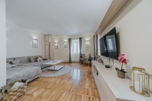 a living room with a couch and a table at Regina apartments in Budva