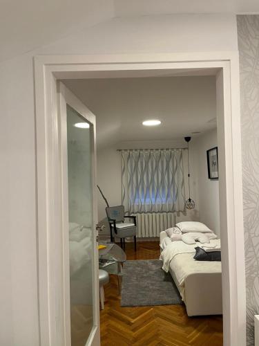 a bedroom with a bed and a desk and a chair at Apartments Krapinske Toplice Krtak Biba in Krapinske Toplice